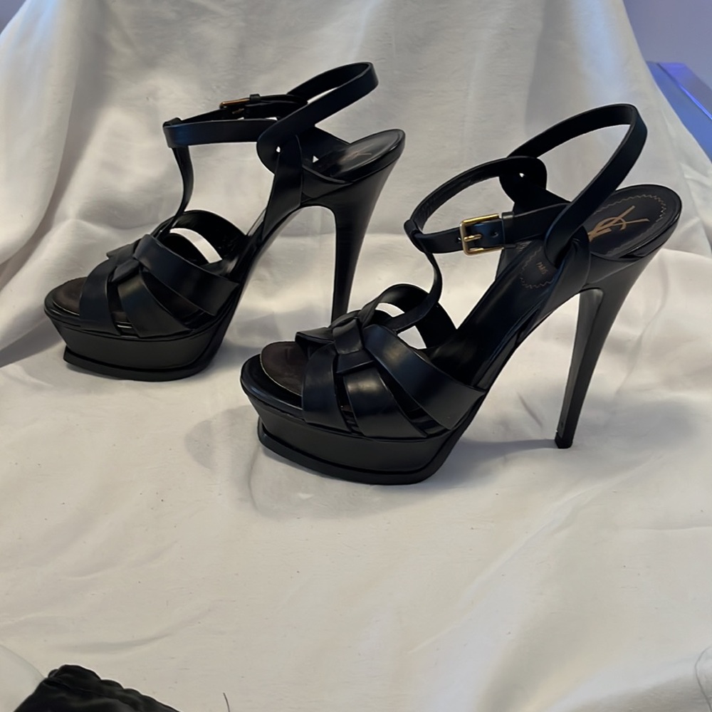 YSL Tribute Black Leather Platform Sandals